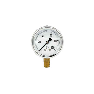 200L-254-0-100N | 2.5", 0-100 PSI, Stainless Steel x Brass, 1/4", Lower Mount Pressure Gauge