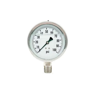 300L-402-0-100N | 4", 0-100 PSI, Stainless Steel x Stainless Steel, 1/2" Lower Mount Pressure Gauge