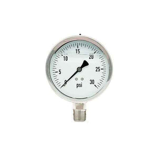 300L-402-0-30N | 4", 0-30 PSI, Stainless Steel x Stainless Steel, 1/2" Lower Mount Pressure Gauge