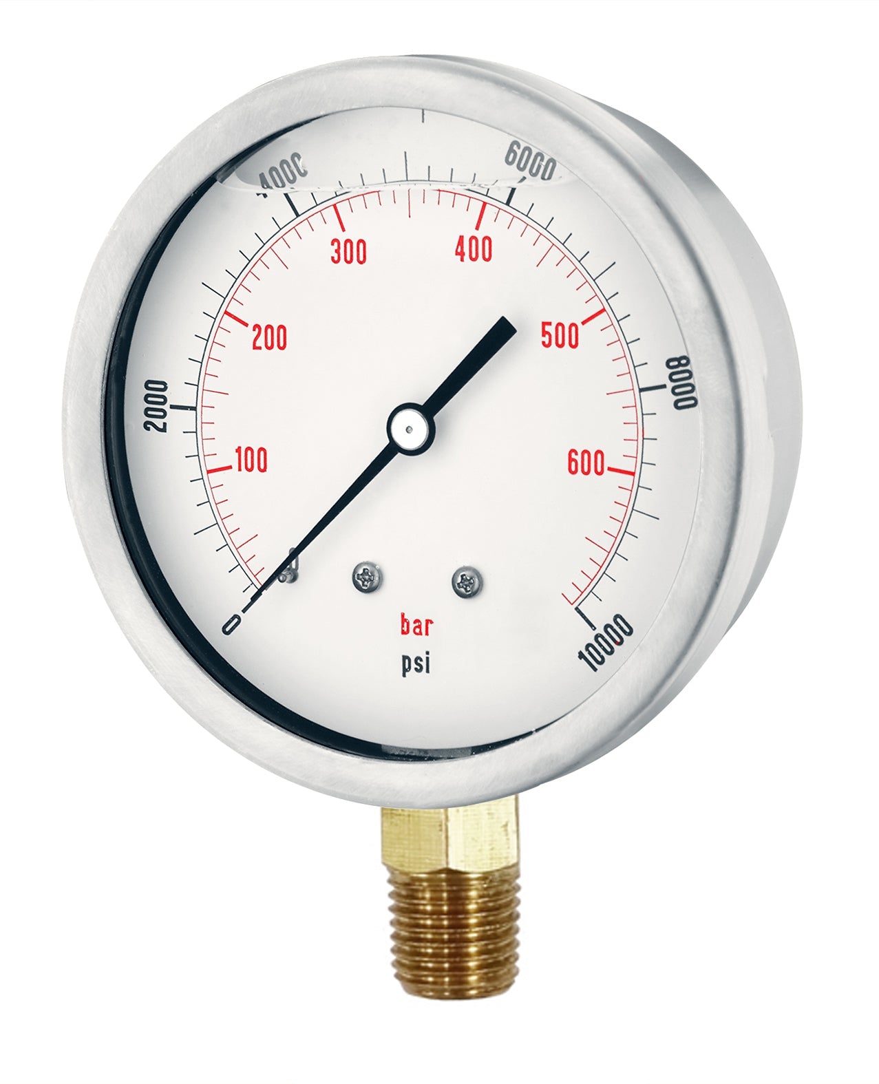 CFC2P-700A | Pressure Gauge, Fill: Glycerine, Size: 4", Connection: 1/2" NPT, Mount Location: Bottom Stem , Range: 0-10000 PSI, Material: Stainless Steel / Brass