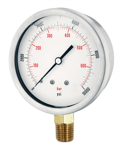 CFC2P-700A | Pressure Gauge, Fill: Glycerine, Size: 4", Connection: 1/2" NPT, Mount Location: Bottom Stem , Range: 0-10000 PSI, Material: Stainless Steel / Brass