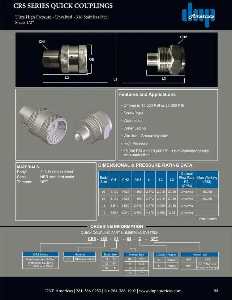 1/2" high pressure waterblast coupling, heat treated stainless steel with Female 9/16" meduim pressure threads, 20,000PSI - HTX Fluid Power