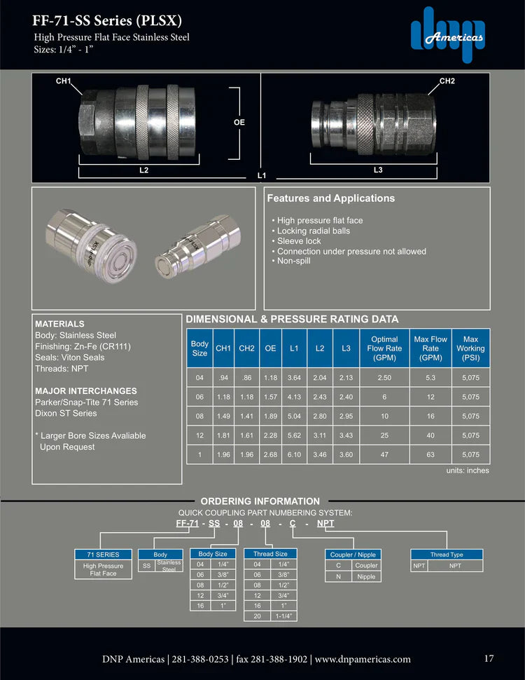 Snaptite 71 Series Interchange Quick Coupling, Flush Face, 1" Coupling Body X 1" NPT Threads; 316 stainless steel