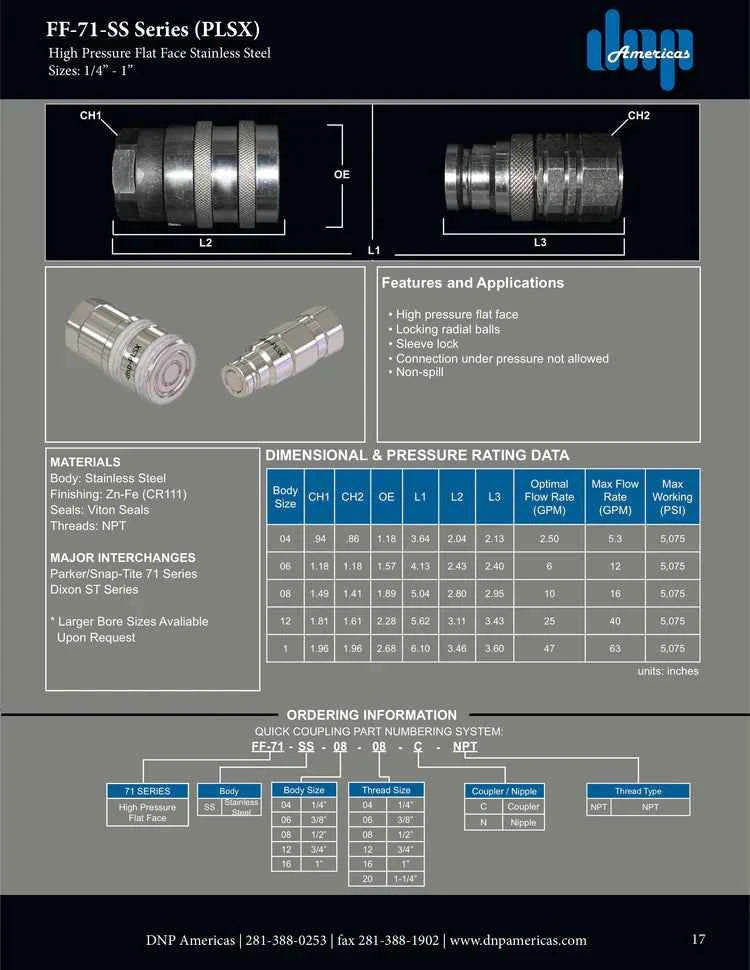 Snap-Tite 71 series, 1/4" coupler body x 1/4" Female NPT; 316 stainless steel - HTX Fluid Power