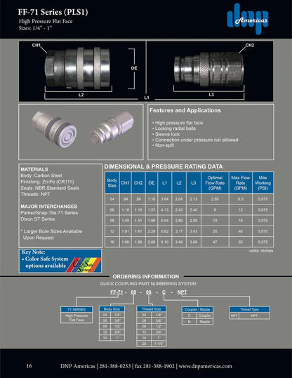 Snaptite 71 Series Interchange Quick Coupling, Flush Face, 1" Nipple Body X 1" Female NPT Threads