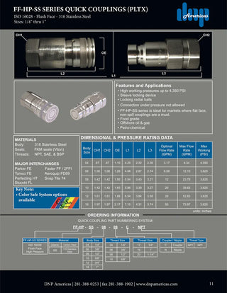 FF-HP-SS-08-12C | Flush Face Couplings, 316 Stainless Steel, 1/2" Coupling Body X 3/4" Female NPT Threads