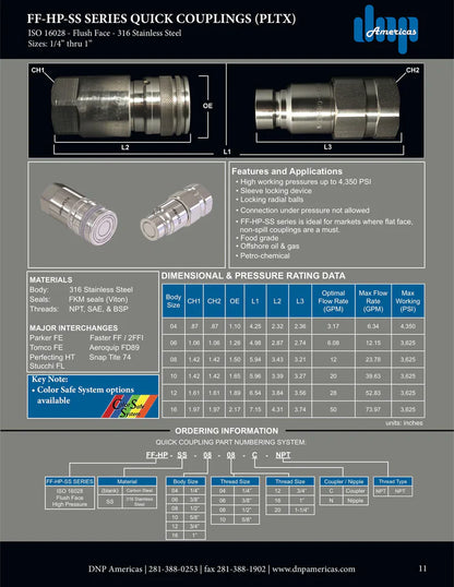Flush Face Coupling, 316 Stainless Steel, 1/2" Nipple Body X 1/2" Female NPT Threads