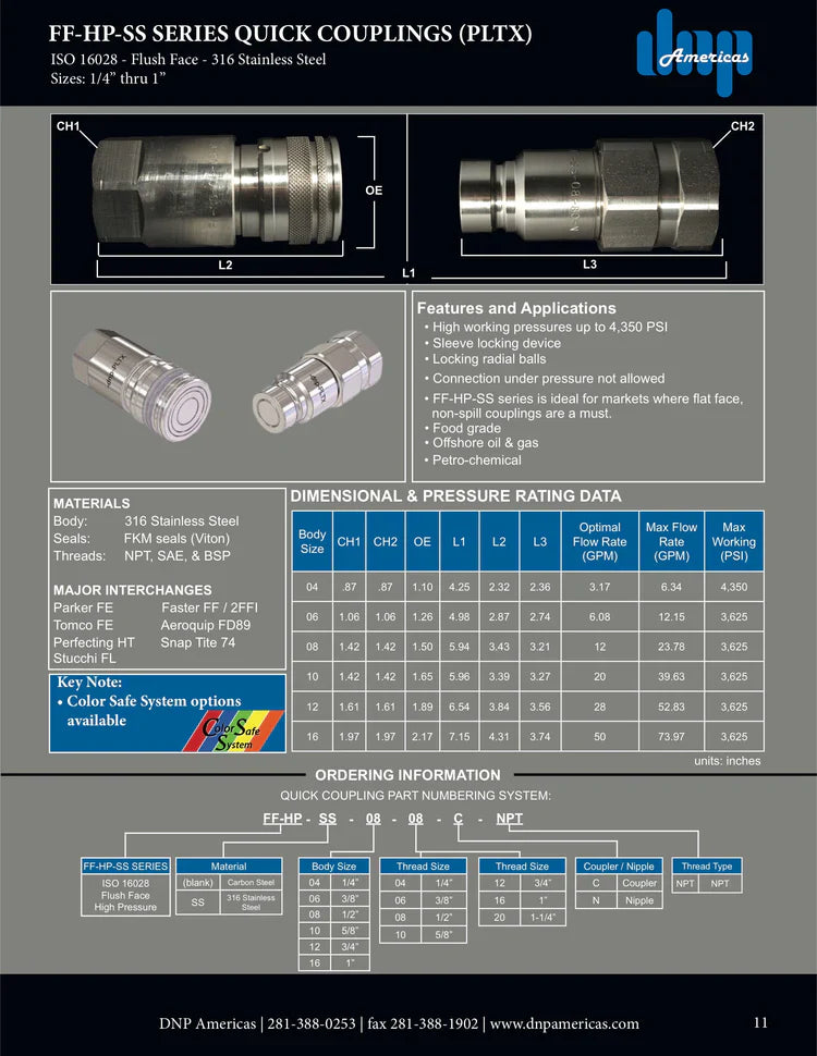 Flush Face Coupling, 316 Stainless Steel, 1/2" Coupling Body X 1/2" Female NPT Threads