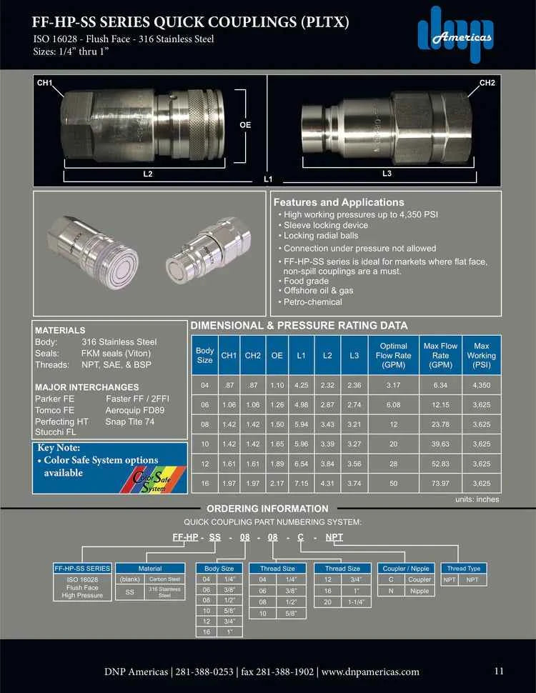 Flush Face Coupling, 316 Stainless Steel, 3/4" Coupling Body X 3/4" Female NPT Threads DNP Americas