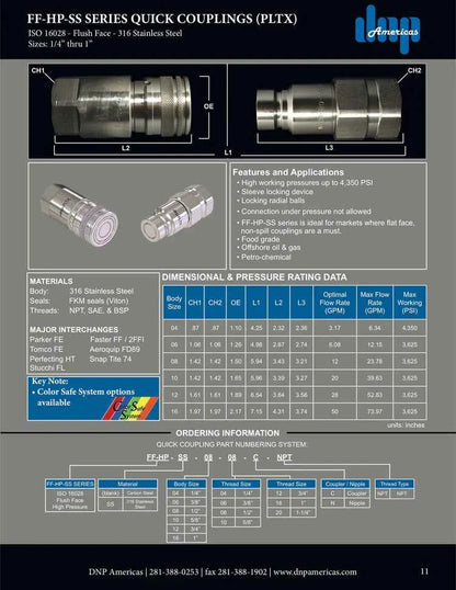 Flush Face Coupling, 316 Stainless Steel, 3/4" Coupling Body X 3/4" Female NPT Threads DNP Americas