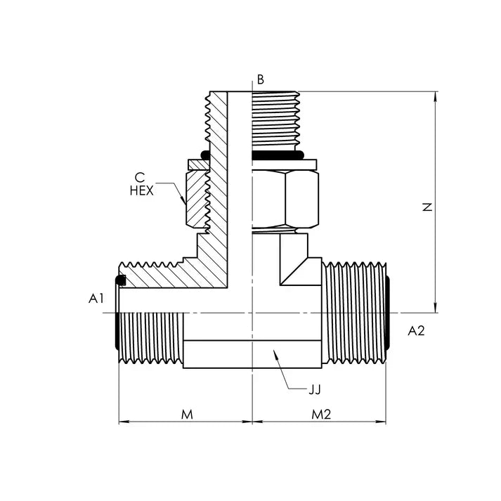 FS6803-06-06-06-NWO-FG | 06 MFS - 06 MFS - 06 MAORB Branch Tee Forged, Carbon Steel - HTX Fluid Power