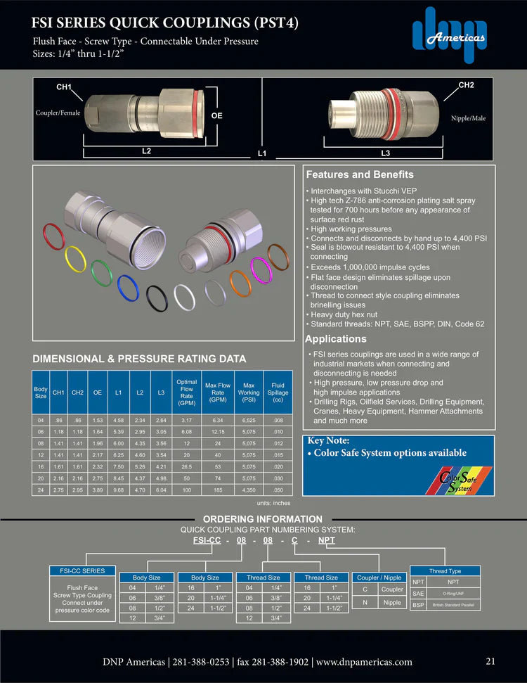 FSI series coupling; high pressure screw together; Color Code Band system; 1/2" nipple body x 1/2" UNF SAE threads