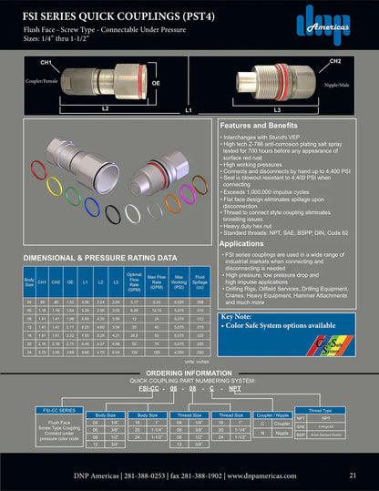 FSI series coupling; high pressure screw together; Color Code Band system; 1/2" nipple body x 1/2" UNF SAE threads