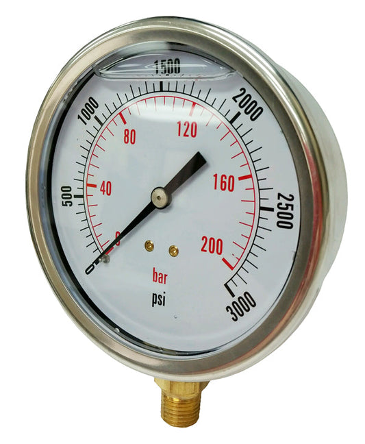PDLC-2P-001A | Pressure Gauge, Fill: Glycerine, Size: 4", Connection: 1/4" NPT, Mount Location: Bottom Stem , Range: 0-15 PSI, Material: Stainless Steel / Brass