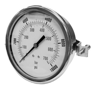 PDLC-2P-700B | Pressure Gauge, Fill: Glycerine, Size: 4", Connection: 1/4" NPT, Mount Location: Center Back w/ Clamp, Range: 0-10000 PSI, Material: Stainless Steel / Brass