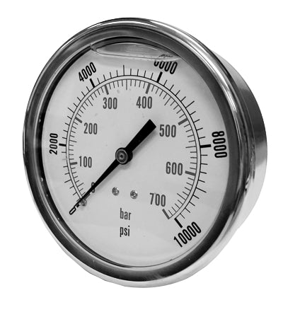 PDLC-2P-004D | Pressure Gauge, Fill: Glycerine, Size: 4", Connection: 1/4" NPT, Mount Location: Center Back, Range: 0-60 PSI, Material: Stainless Steel / Brass