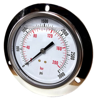 PDLC-2P-280E | Pressure Gauge, Fill: Glycerine, Size: 4", Connection: 1/4" NPT, Mount Location: Center Back w/ Flange, Range: 0-4000 PSI, Material: Stainless Steel / Brass - HTX Fluid Power