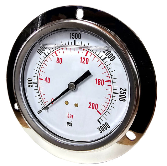 PDLC-2P-100E | Pressure Gauge, Fill: Glycerine, Size: 4", Connection: 1/4" NPT, Mount Location: Center Back w/ Flange, Range: 0-1500 PSI, Material: Stainless Steel / Brass