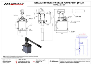 HHP-DA-2.7-01 | Hydraulic piston hand pump with double acting changeover valve for double acting cylinder 2.7 CID with 1-quart steel tank by Hydro-Pack