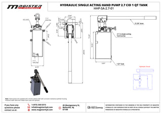 HHP-SA-2.7-01 | Hydraulic piston hand pump with release knob for single acting cylinder 2.7 CID with 1 quart steel tank by Hydro-Pack