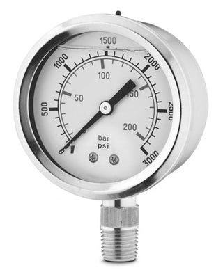 PDSS-1P-002A-001 | Pressure Gauge, Fill: Glycerine, Size: 2.5", Connection: 1/4" NPT, Mount Location: Bottom Stem , Range: 0-30 PSI, Material: All Stainless Steel - HTX Fluid Power