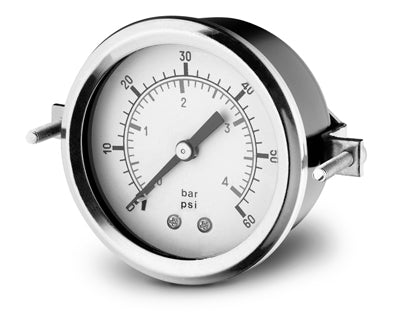 PDSS-1P-004B-001 | Pressure Gauge, Fill: Glycerine, Size: 2.5", Connection: 1/4" NPT, Mount Location: Center Back w/ Clamp, Range: 0-60 PSI, Material: All Stainless Steel
