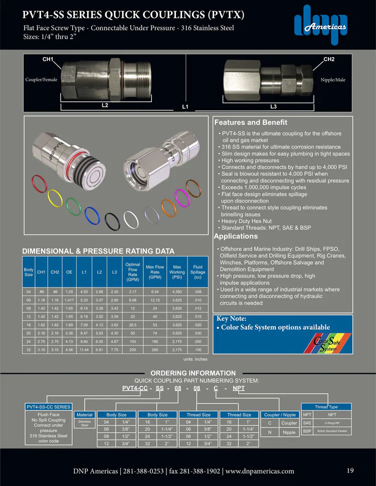 1/4" Screw-Type, Flat face connect under pressure couplings with 1/4" Female NPT, 316 Stainless Steel; PVTX.0606.012