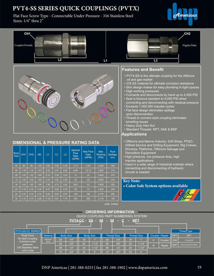 1/4" Screw-Type, Flat face connect under pressure couplings with 1/4" Female NPT, 316 Stainless Steel; PVTX.0606.012