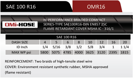R16-06 | 3/8" R16 Braided Hydraulic Hose, 4785 Max WP PSI