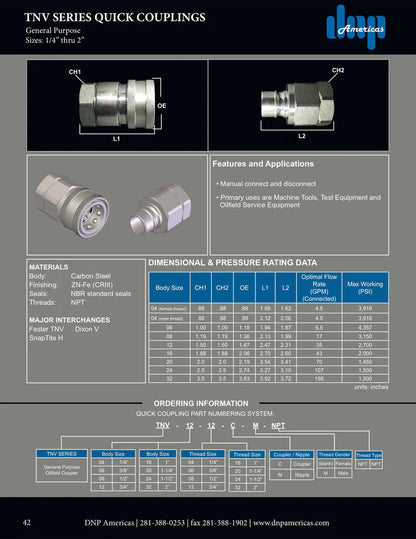 1/2" TNV Nipple W/ 1/2" NPT Female w/ Viton seals