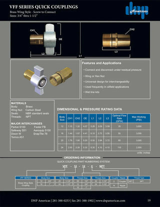 VFF-12-08C | 3/4" brass wing style coupler, 1/2" female NPT threads - HTX Fluid Power