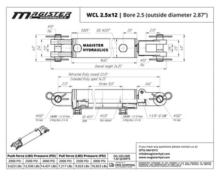 WCL 2.5x12 | 2.5" bore x 12" stroke clevis hydraulic cylinder