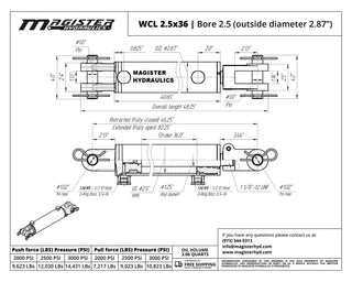 WCL 2.5x36 | 2.5" bore x 36" stroke clevis hydraulic cylinder