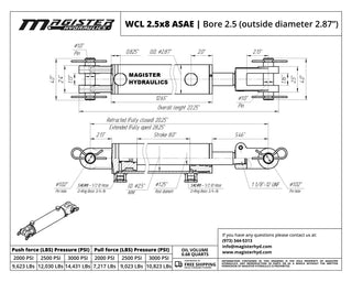 WCL 2.5x8 ASAE | 2.5" bore x 8" ASAE stroke clevis hydraulic cylinder