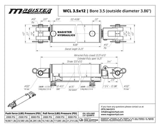 WCL 3.5x12 | 3.5" bore x 12" stroke clevis hydraulic cylinder