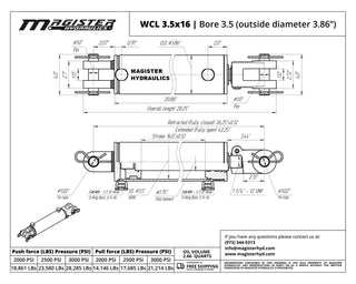 WCL 3.5x16 | 3.5" bore x 16" stroke clevis hydraulic cylinder