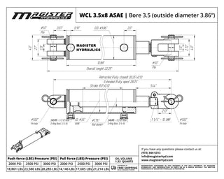 WCL 3.5x8 ASAE | 3.5" bore x 8" ASAE stroke clevis hydraulic cylinder