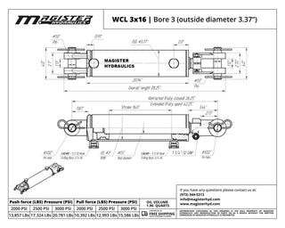 WCL 3x16 | 3" bore x 16" stroke clevis hydraulic cylinder