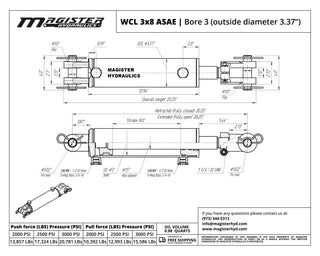 WCL 3x8 ASAE | 3" bore x 8" ASAE stroke clevis hydraulic cylinder