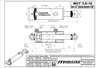 WCT 3.5x16 | 3.5" bore x 16" stroke cross tube hydraulic cylinder