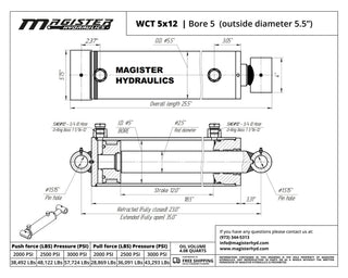 WCT 5x12 | 5" bore x 12" stroke cross tube hydraulic cylinder