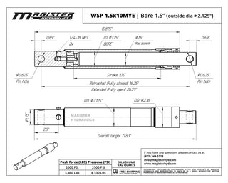 WSP 1.5x10MYE | 1.5" bore x 10" stroke snow plow Meyers hydraulic cylinder
