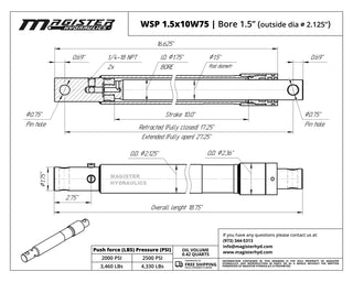 WSP 1.5x10W75 | 1.5" bore x 10" stroke snow plow Western hydraulic cylinder .75" pin