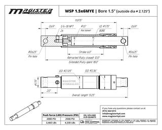 WSP 1.5x6MYE | 1.5" bore x 6" stroke snow plow Meyers hydraulic cylinder
